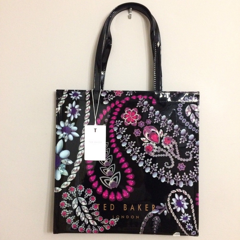 NWT Rare Ted Baker Black Patent Tote with Pink and Purple Paisley Jewel Print